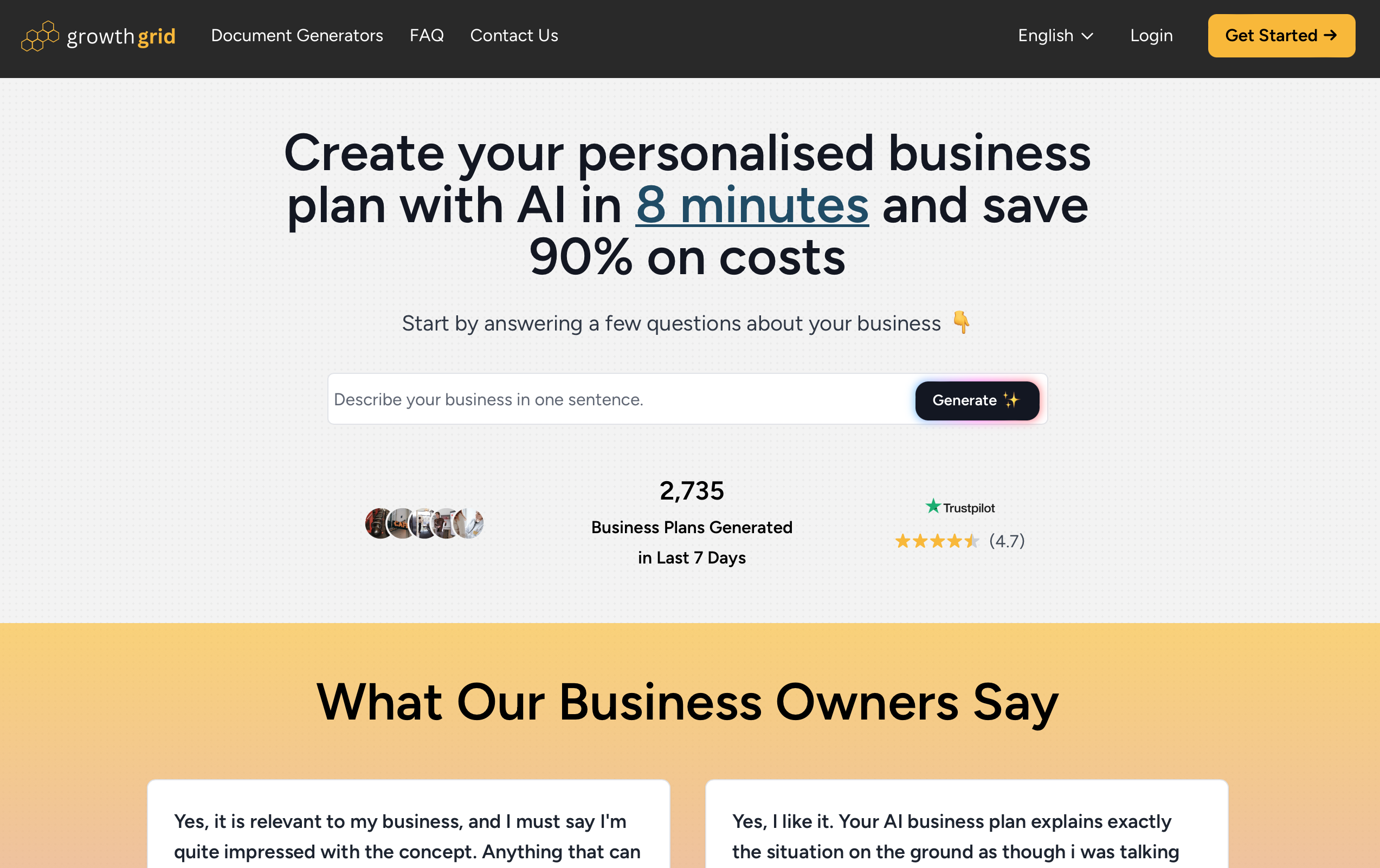 GrowthGrid webbplats - AI-affärsplan generator